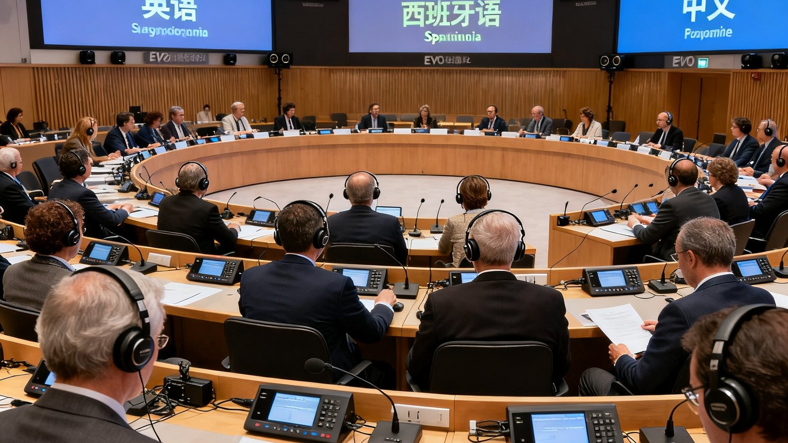 大型国际学术会议现场，EVO视讯平台同声传译系统支持多语种实时翻译，参会代表戴着耳机聆听母语翻译